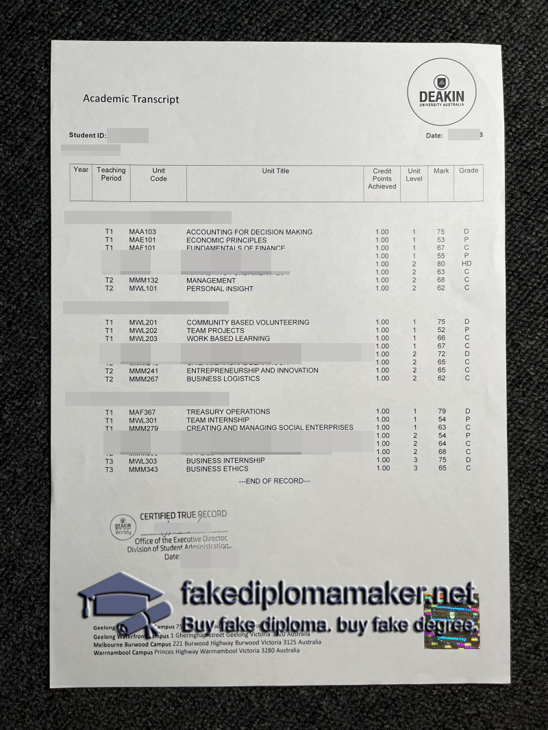 Deakin University transcript