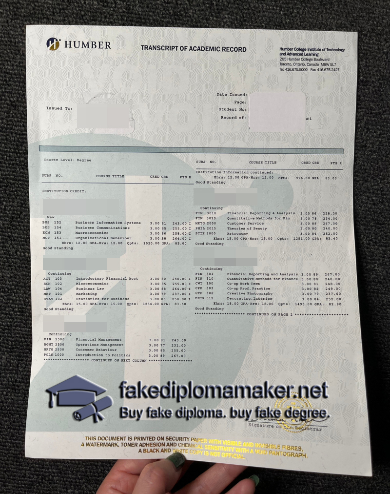 Humber College transcript