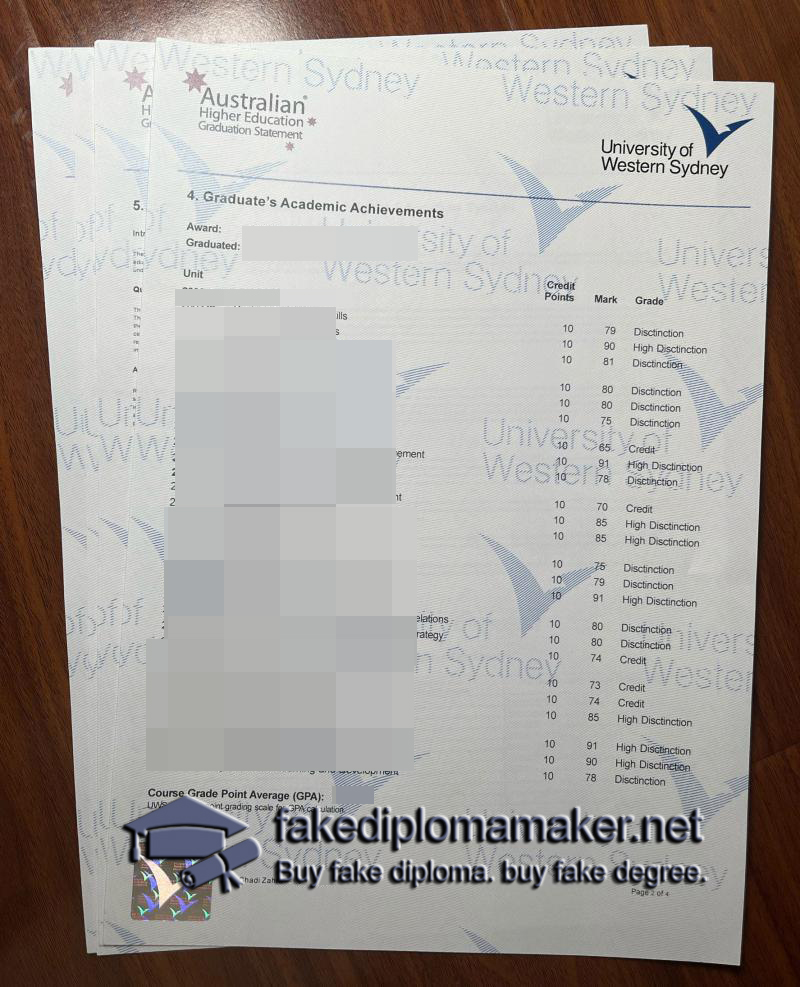 University of Western Sydney transcript